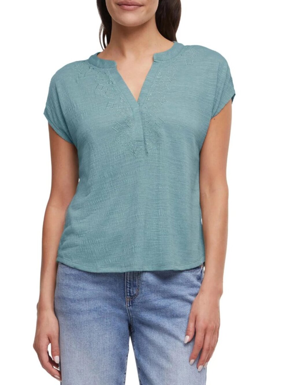 Orvis Womens XXL Blue Textured Short Sleeve Embroidered Tunic Top